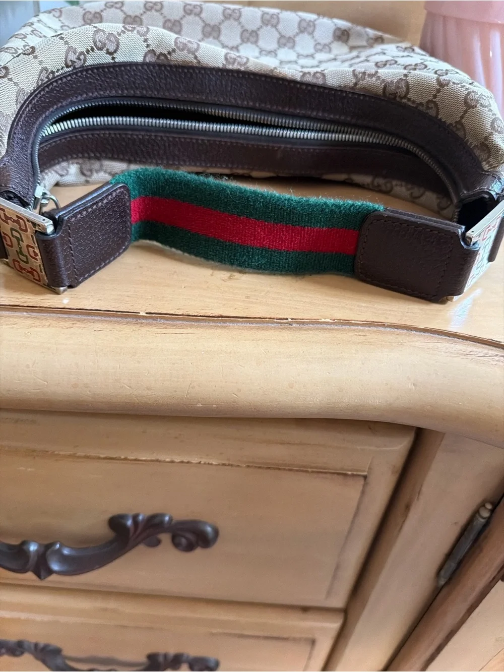 Authentic Gucci Hobo Brown GG Canvas Shoulder Bag with Green-Red Web Strap